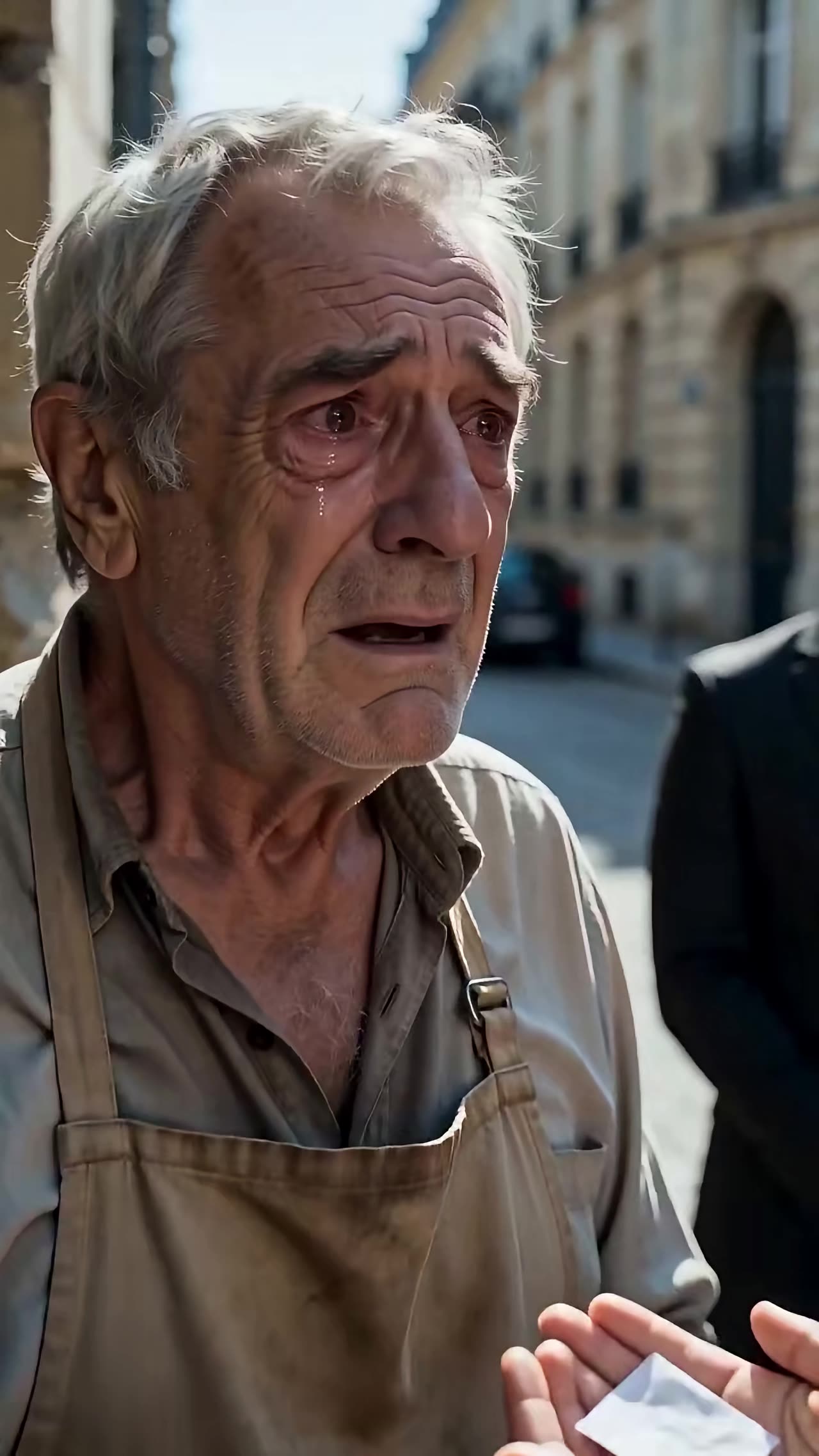 Elderly baker weeping as he receives life-changing paper