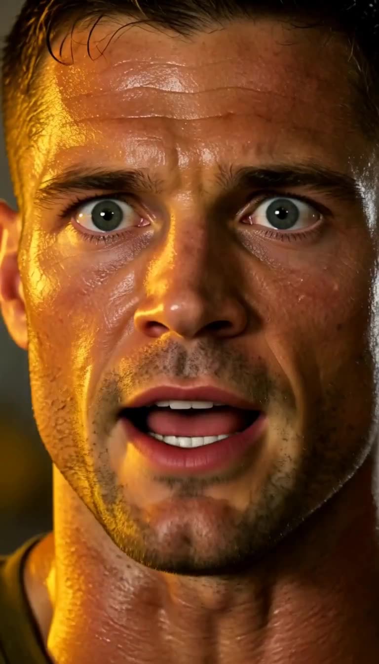 Extreme close-up of shocked sweaty Rocker with wide eyes