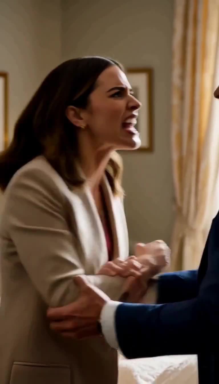 Victoria shouts angrily while Ethan holds her arm firmly