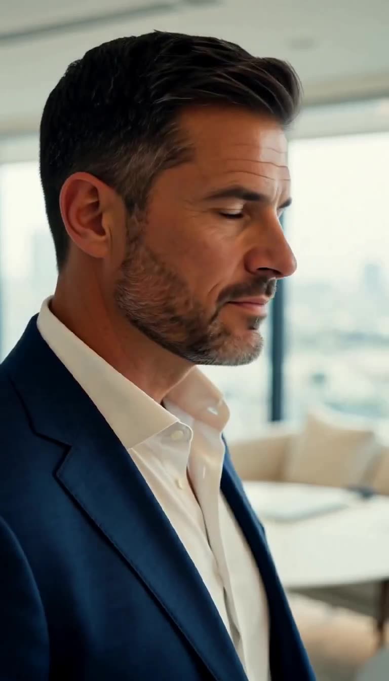 Ethan in navy suit staring with calm resolve
