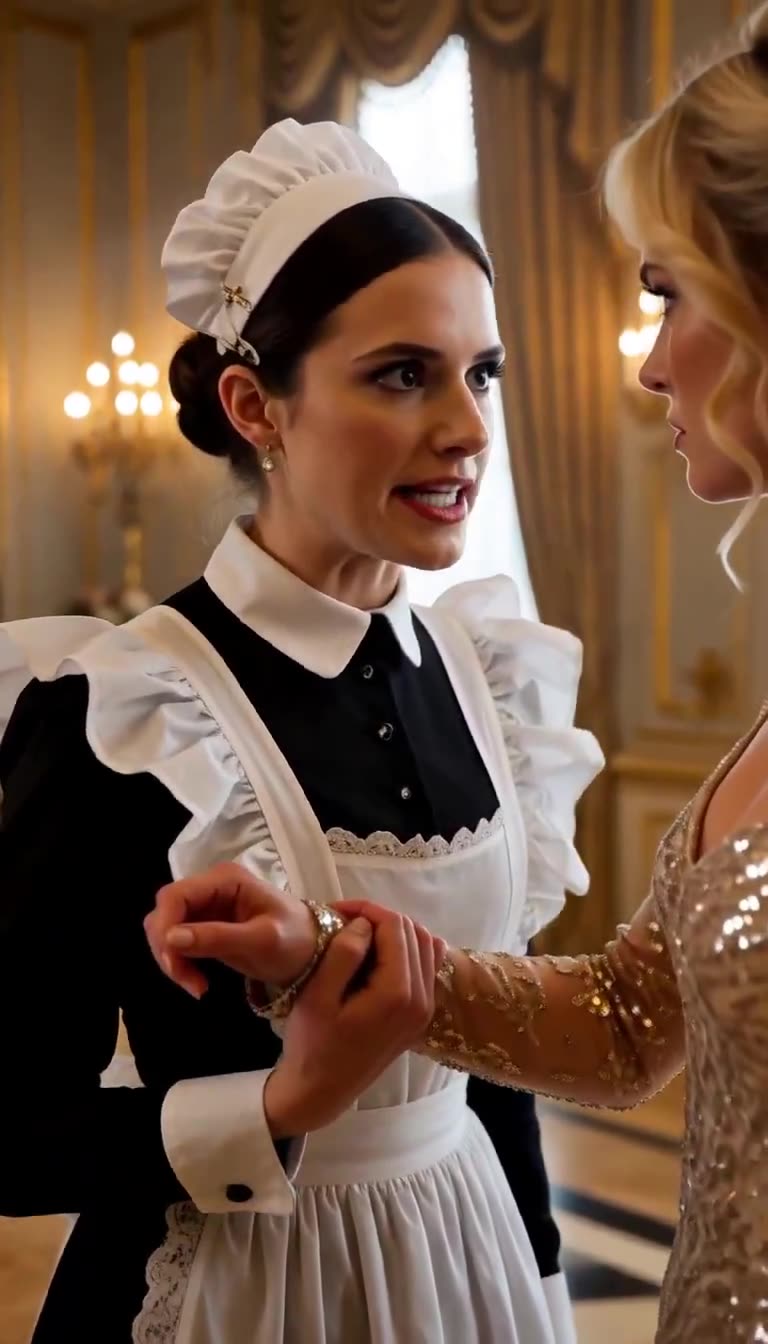 Close-up of defiant maid confronting shocked socialite face to face