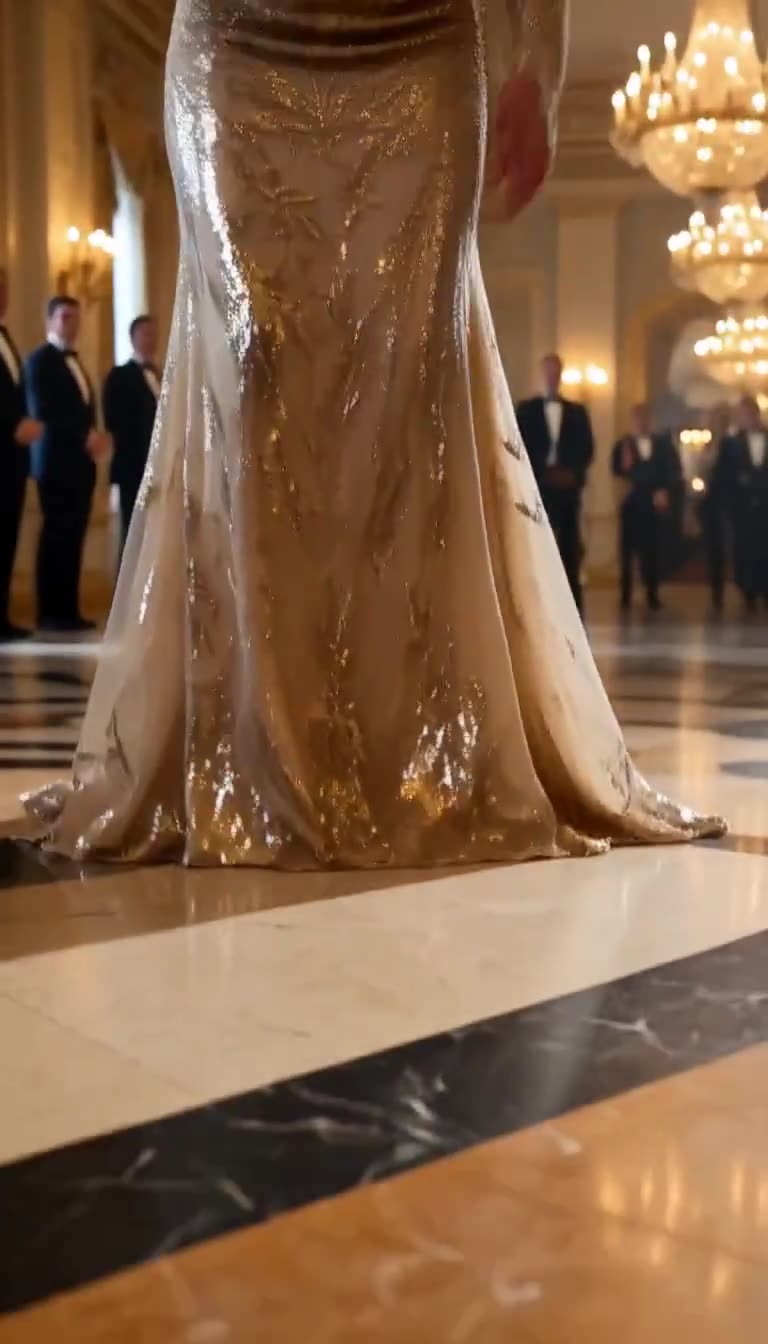 Low view of shimmering gold gown hem as elite guests watch in silence