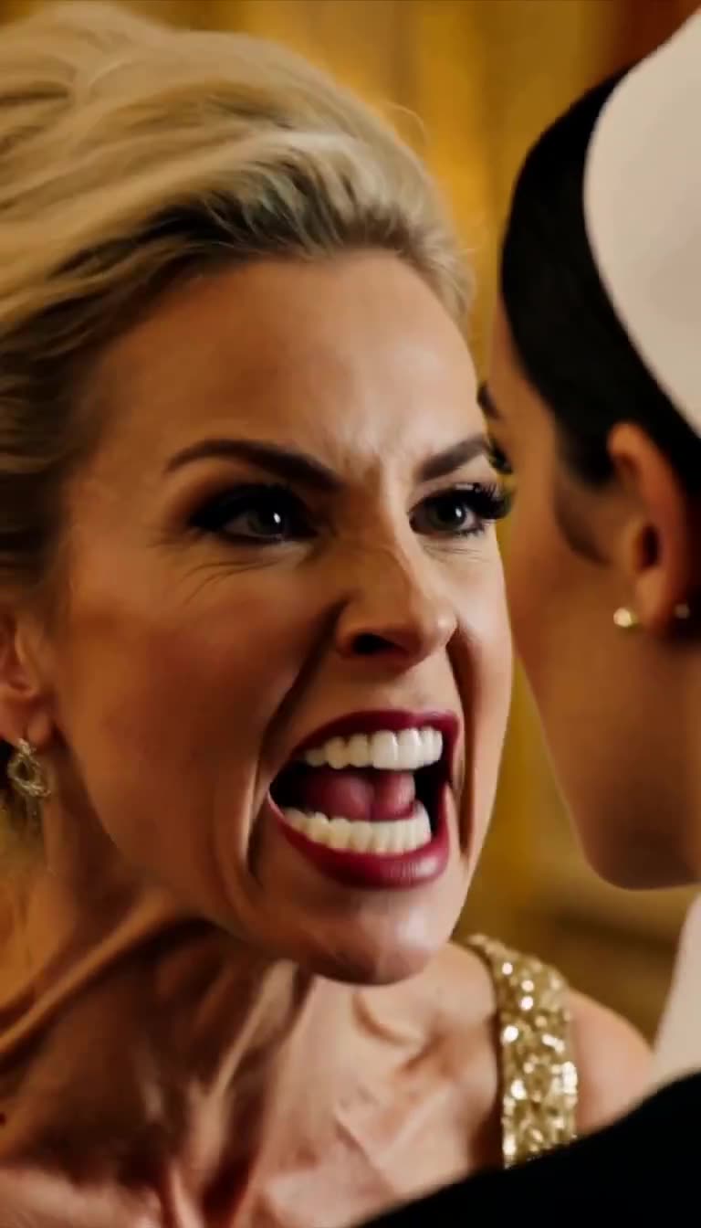 Blonde woman in gold sequins screaming threat face to face