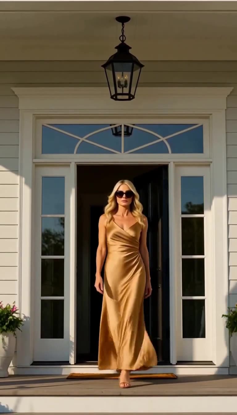 Cold blonde woman in gold silk gown stepping from mansion doorway