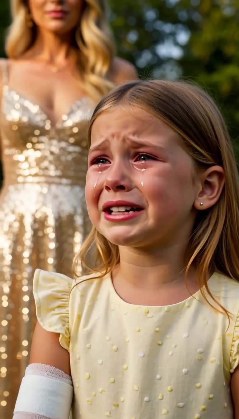 Crying little girl with stepmother in gold dress behind