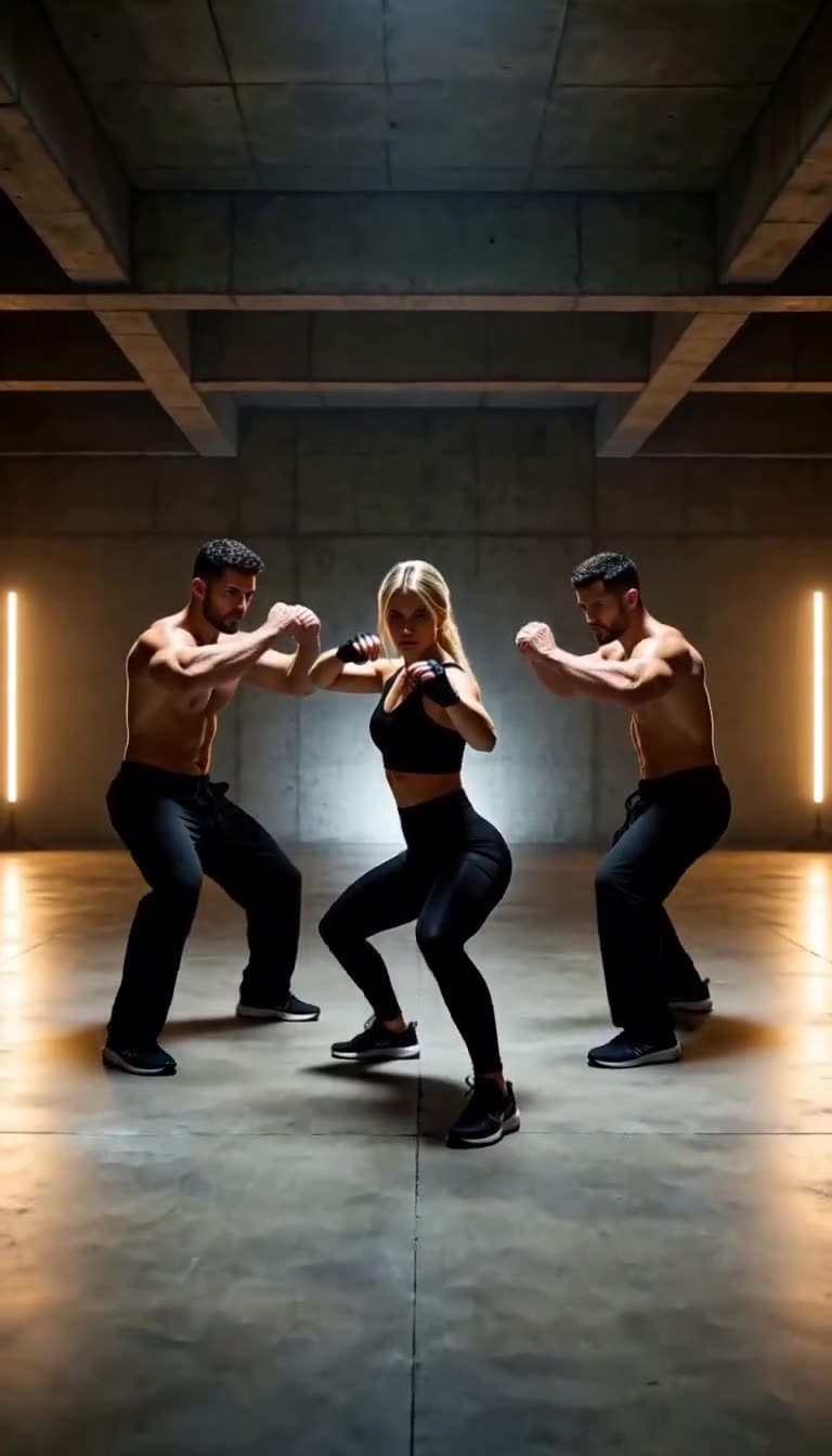 Both men raise fists to trap Elena in triangle