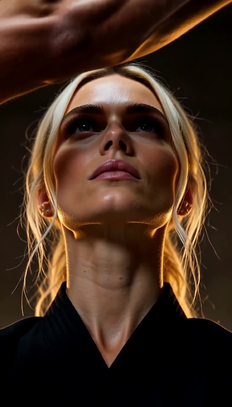 Extreme close-up of Elena staring calmly at arm overhead