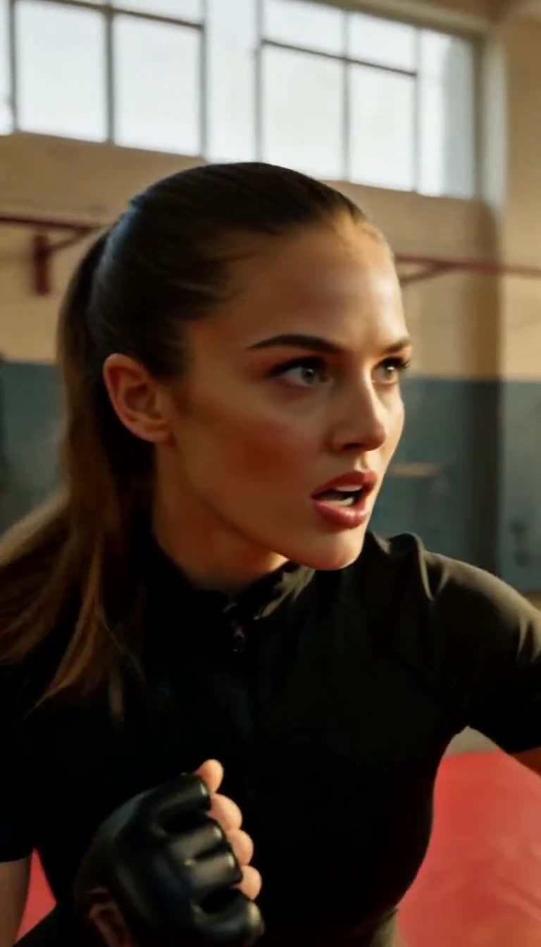 Close-up of focused Elena after narrow dodge