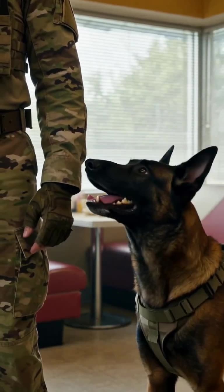 Military dog Rex alert beside John in uniform