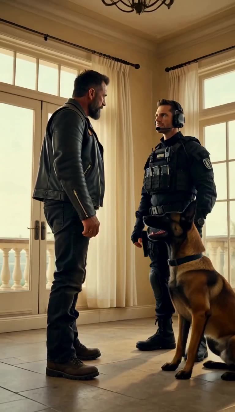 Wide standoff showing biker, geared operator and seated alert K-9 dog