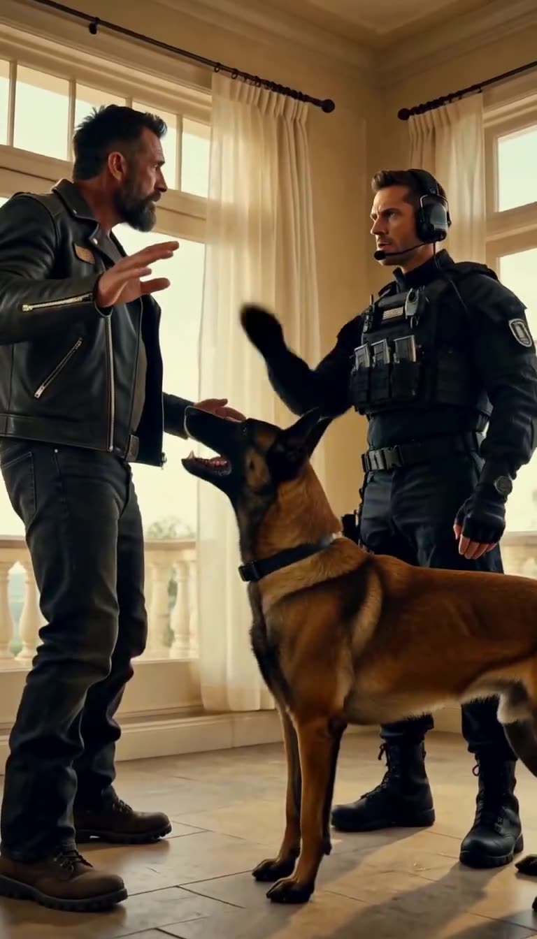Malinois lunging and barking as biker recoils and handler issues hold command