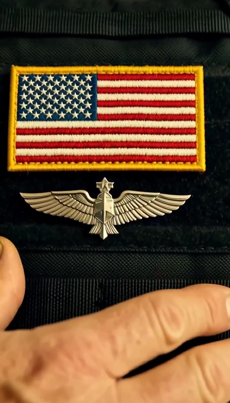 Close-up of silver winged insignia under flag patch