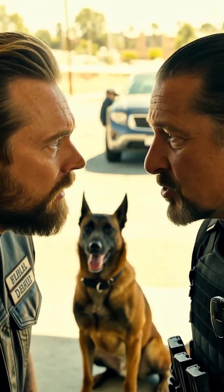 Biker and soldier face off with Malinois dog between