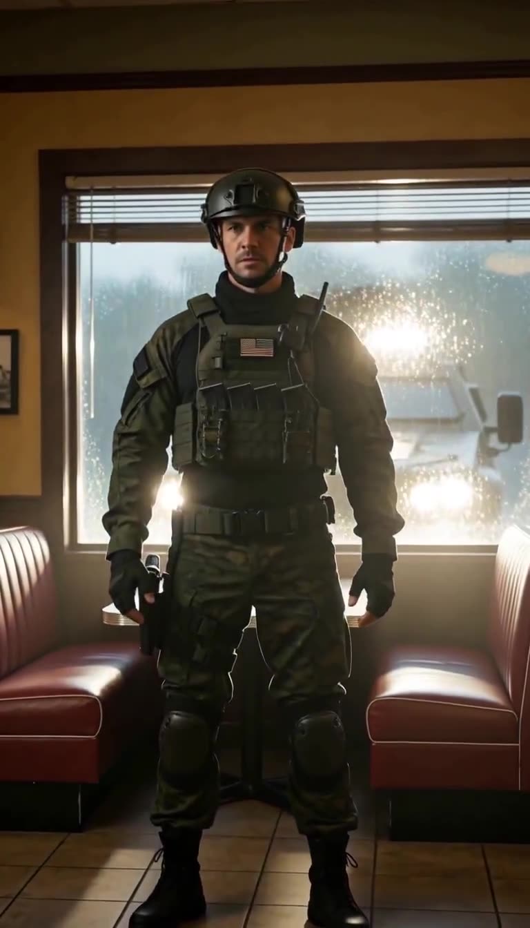 John in tactical gear facing forward with armored vehicle headlights behind him