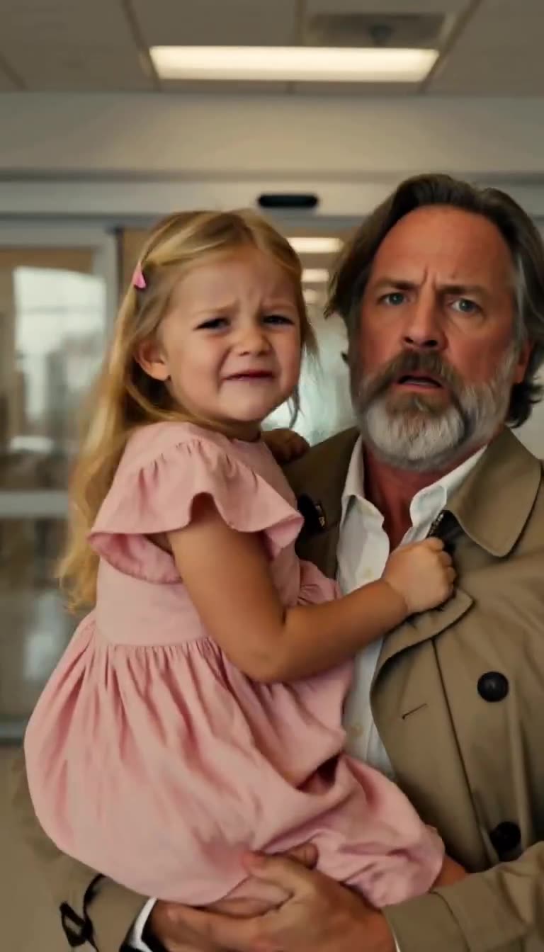 Close-up of tearful little girl clinging to grandfather
