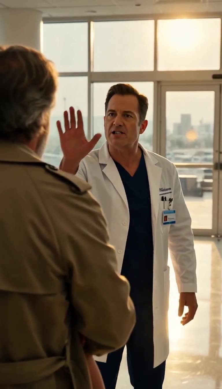 Doctor raising hand to stop man in hospital lobby
