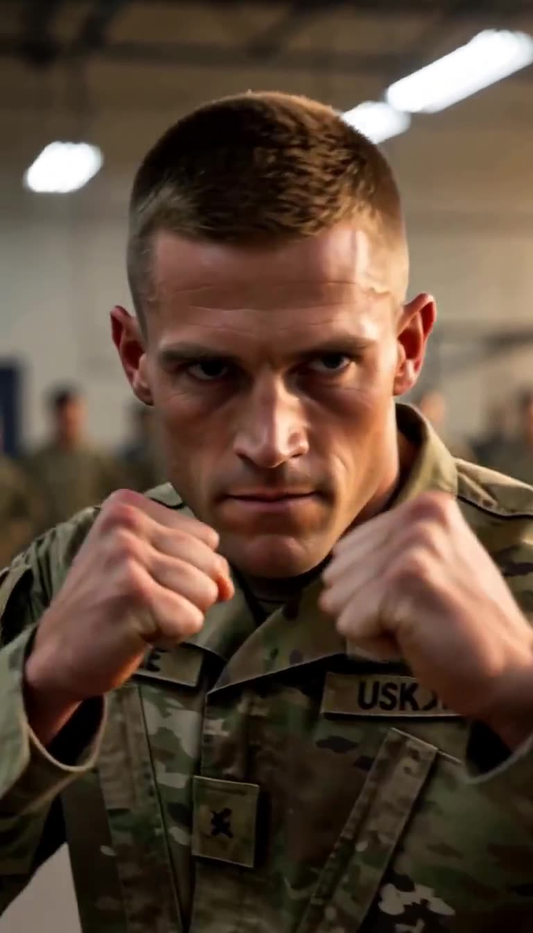 Close-up of Jackson with fists raised and focused stare