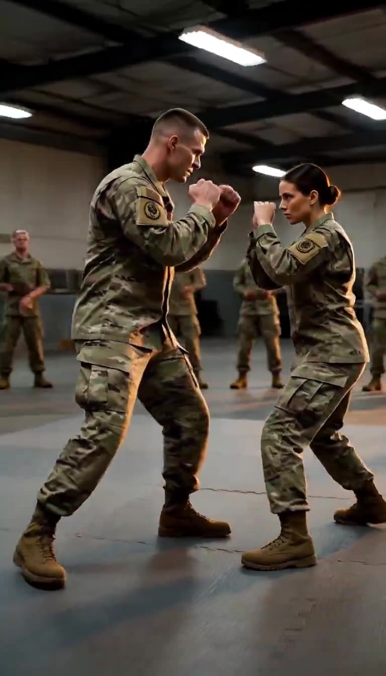 Both soldiers circle on the mat with fists raised