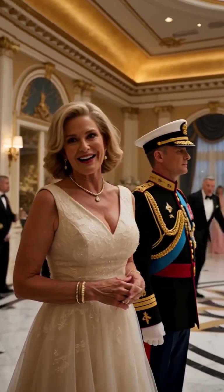 Smiling high-society mother in cream dress watching beside uniformed officer