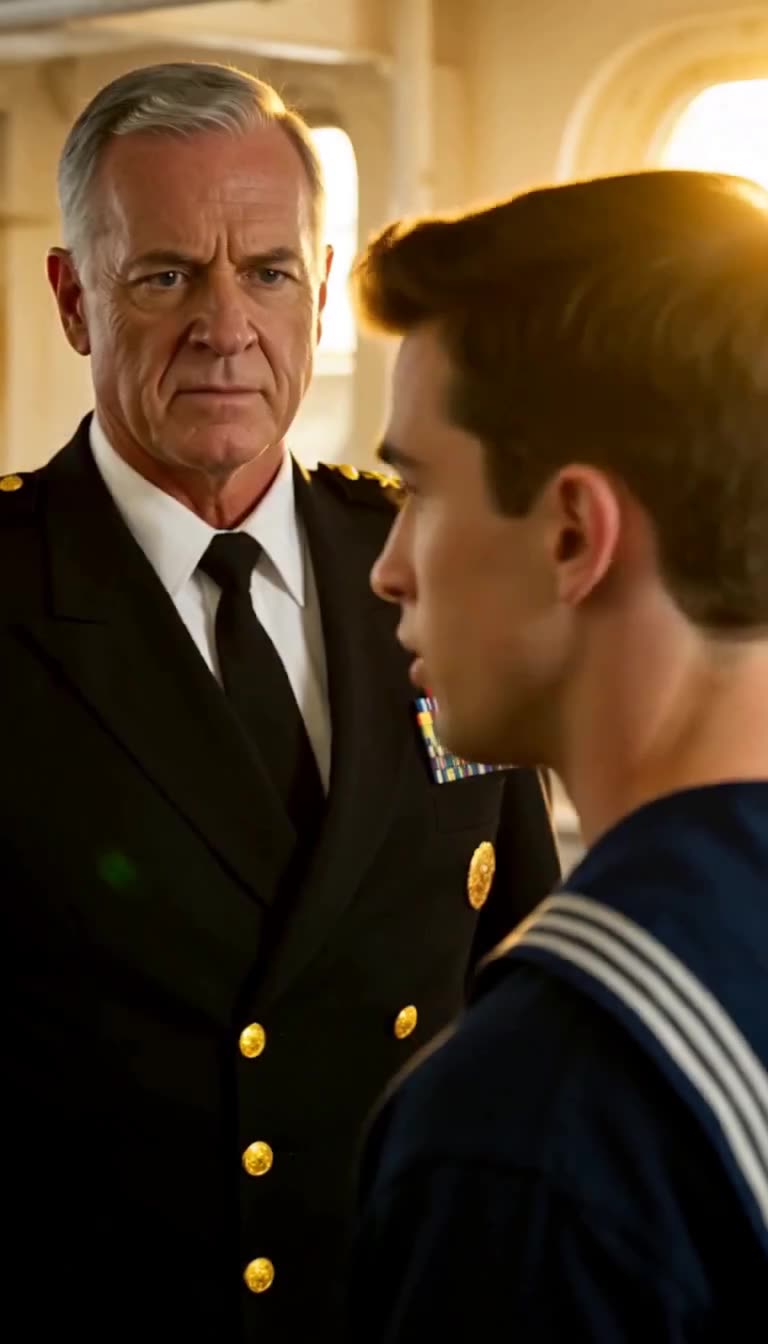Senior naval commander sternly confronting young sailor face to face