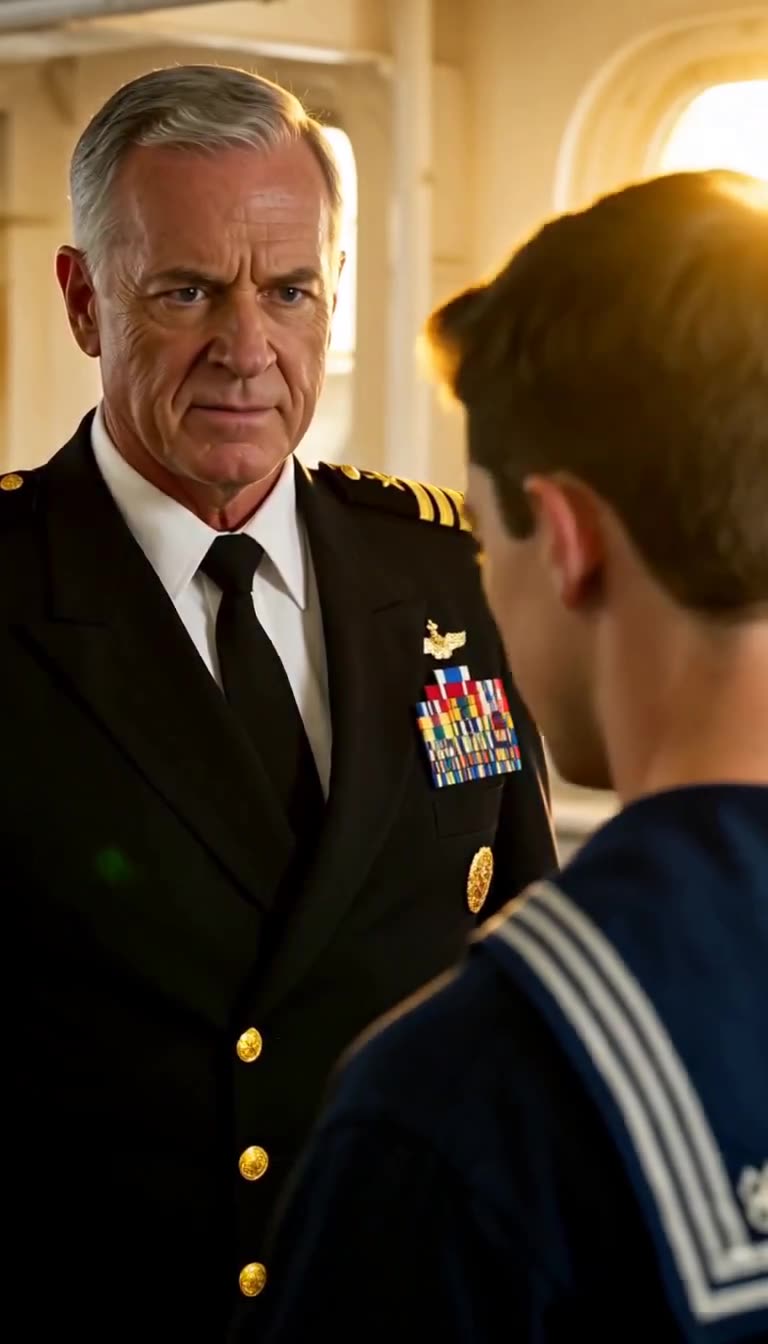 Commander towering over shamed sailor in golden hallway light