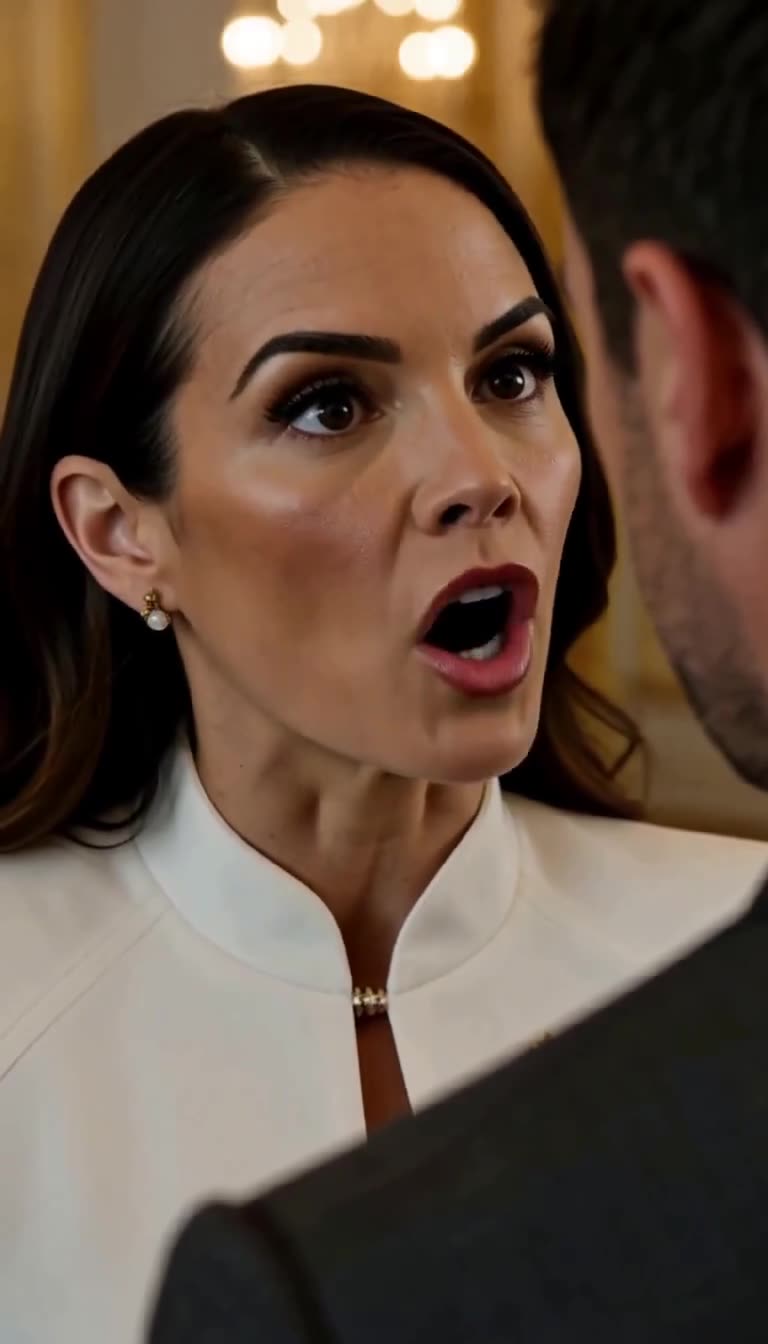 Close-up of Katherine in white answering back with fierce defiant eyes