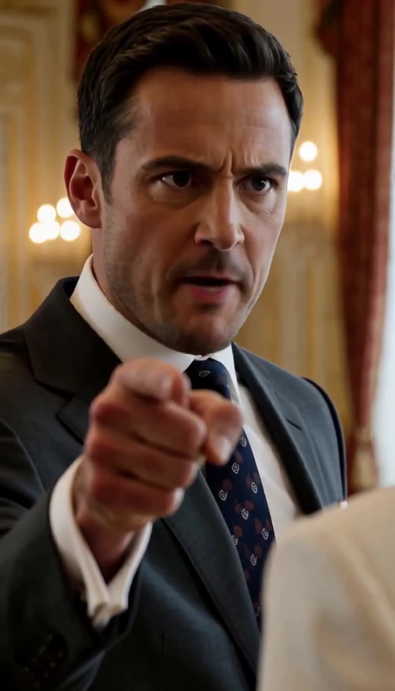Close-up of furious Gerald pointing directly forward in heated confrontation