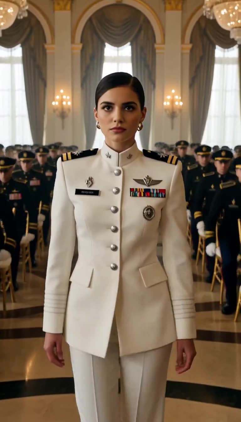 Katherine strides forward in white as officers rise behind her