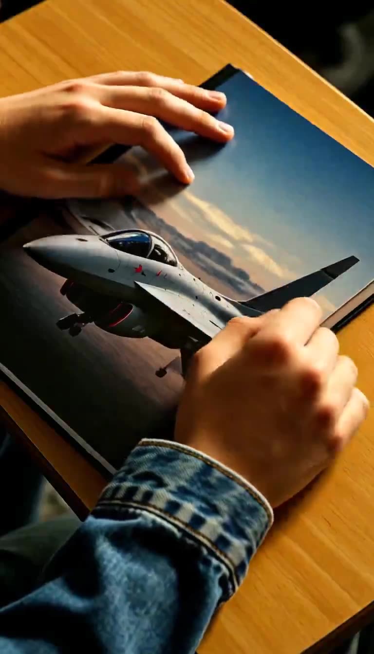 Leo's hands clutching fighter jet photo