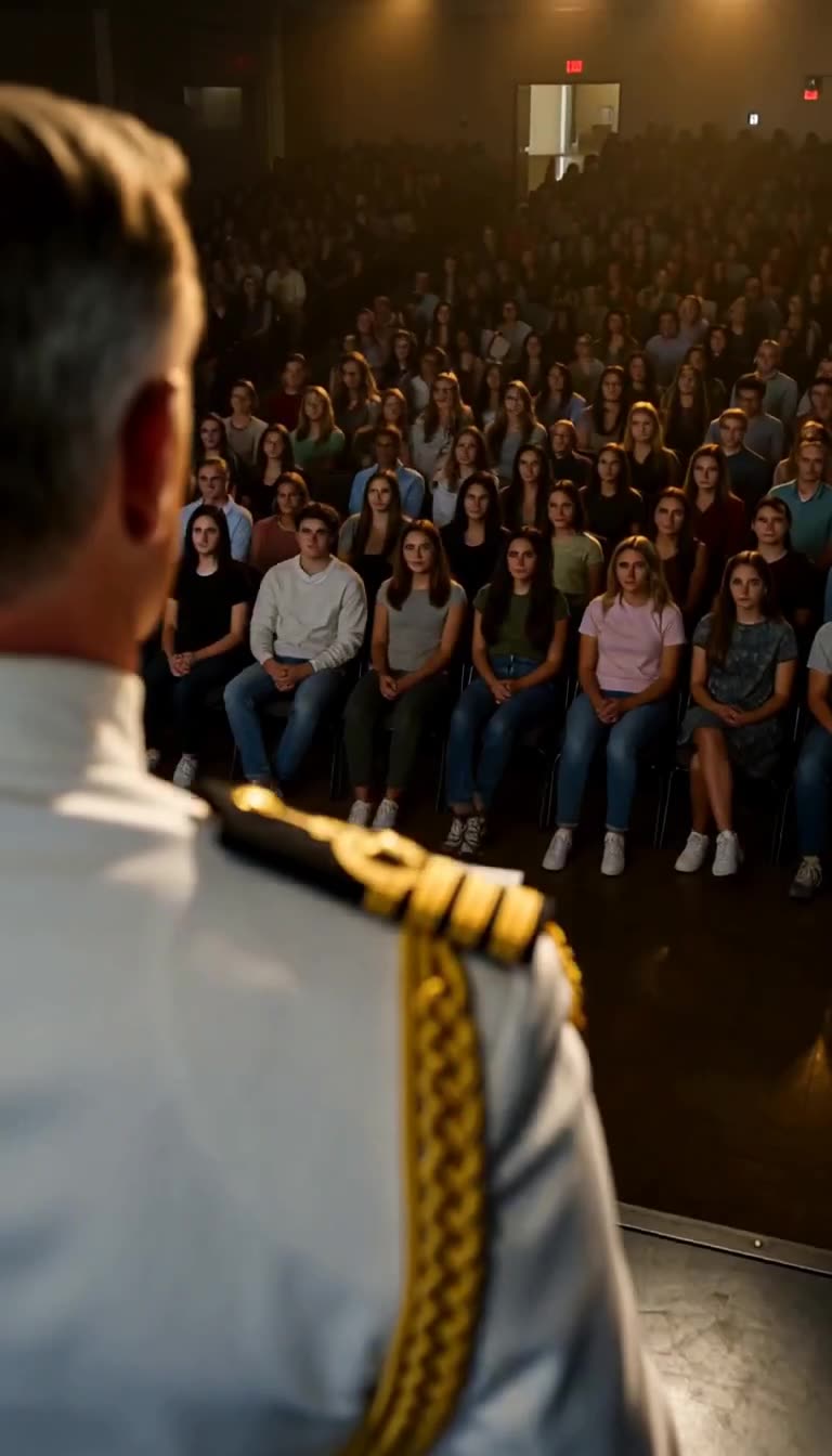 Over-shoulder view of admiral facing packed student crowd