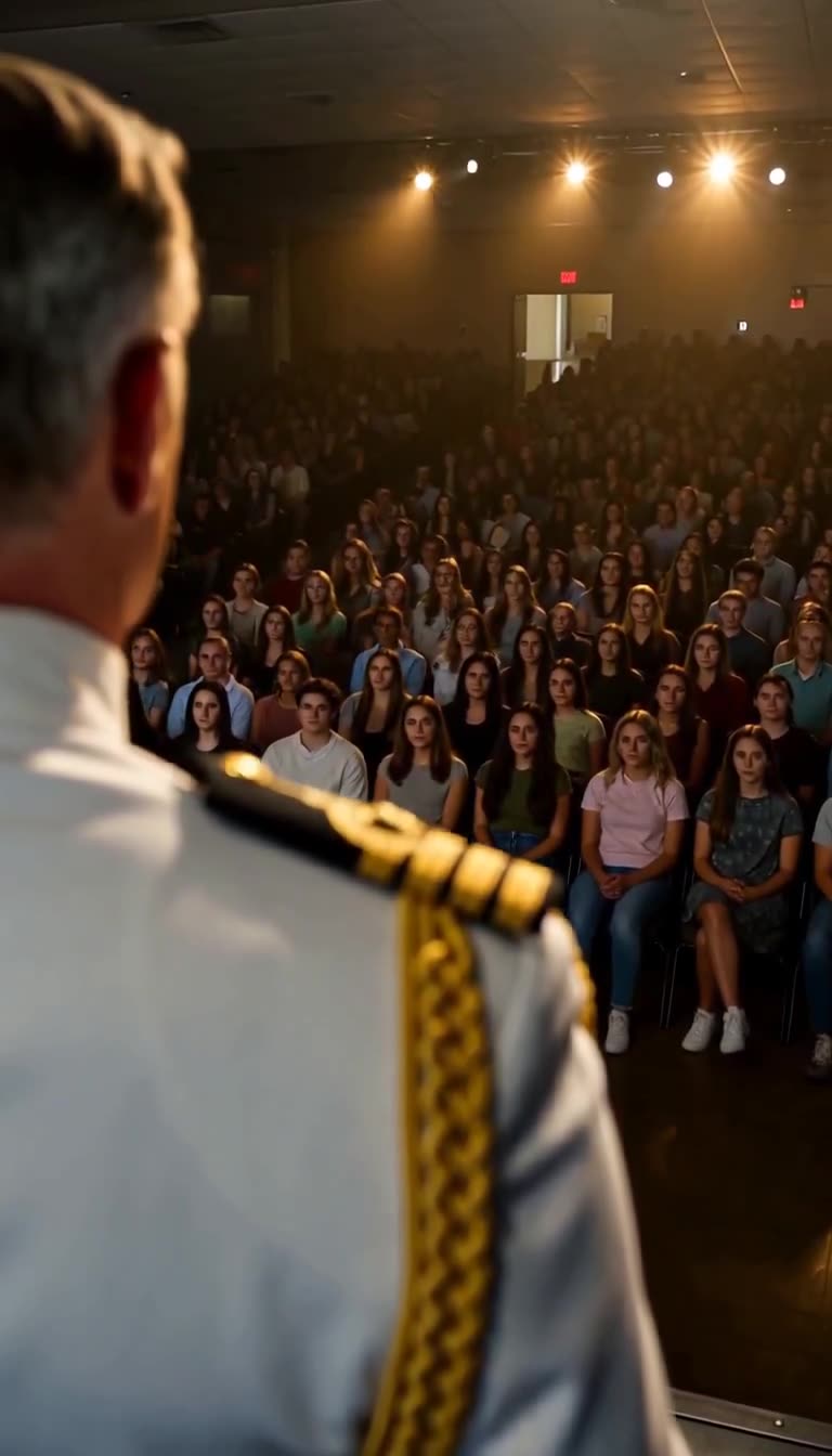 Crowd of students staring back under bright auditorium lights