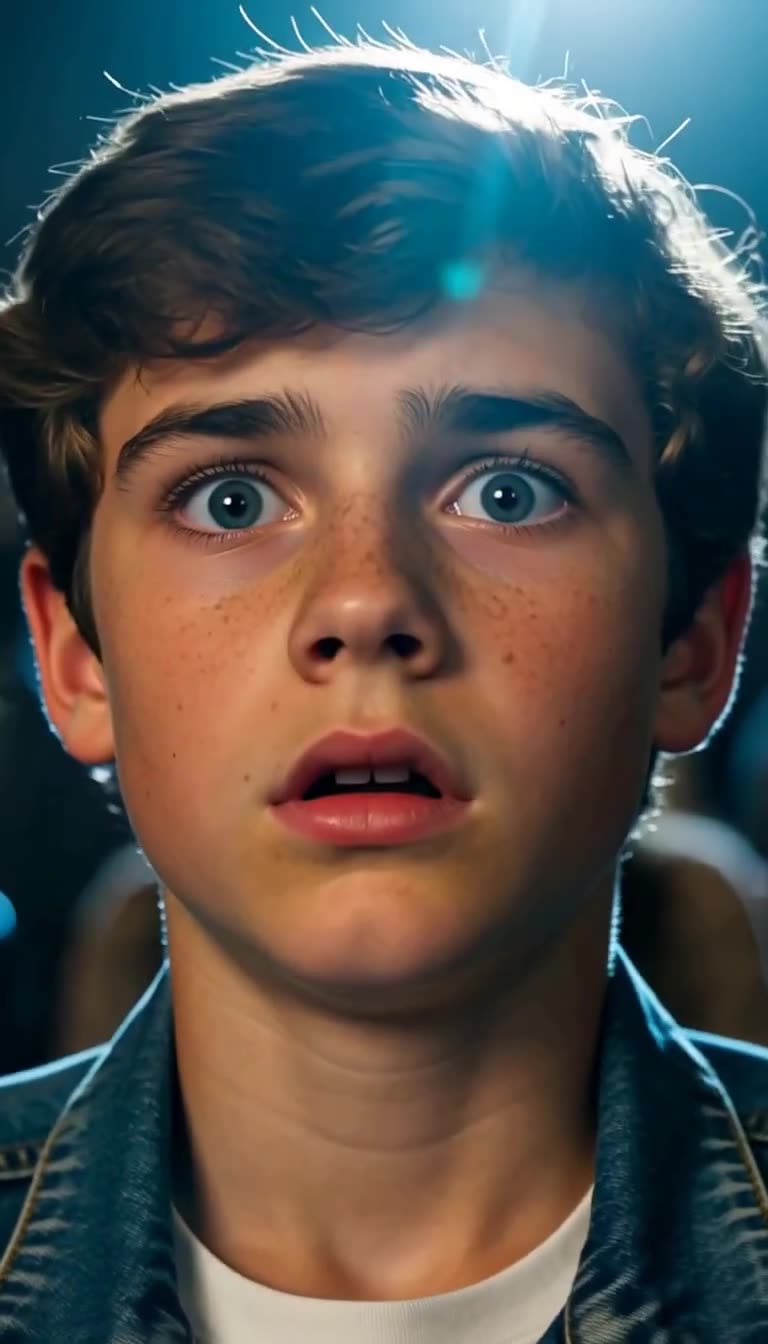 Extreme close-up of Leo’s shocked face under bright light
