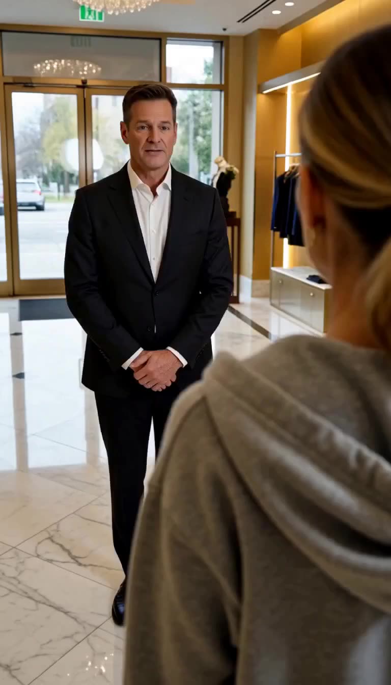 Suited man addressing hoodie-clad woman