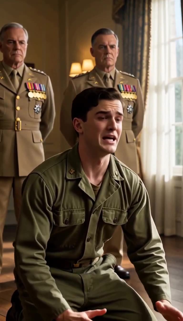 Young soldier kneeling and pleading before two decorated generals