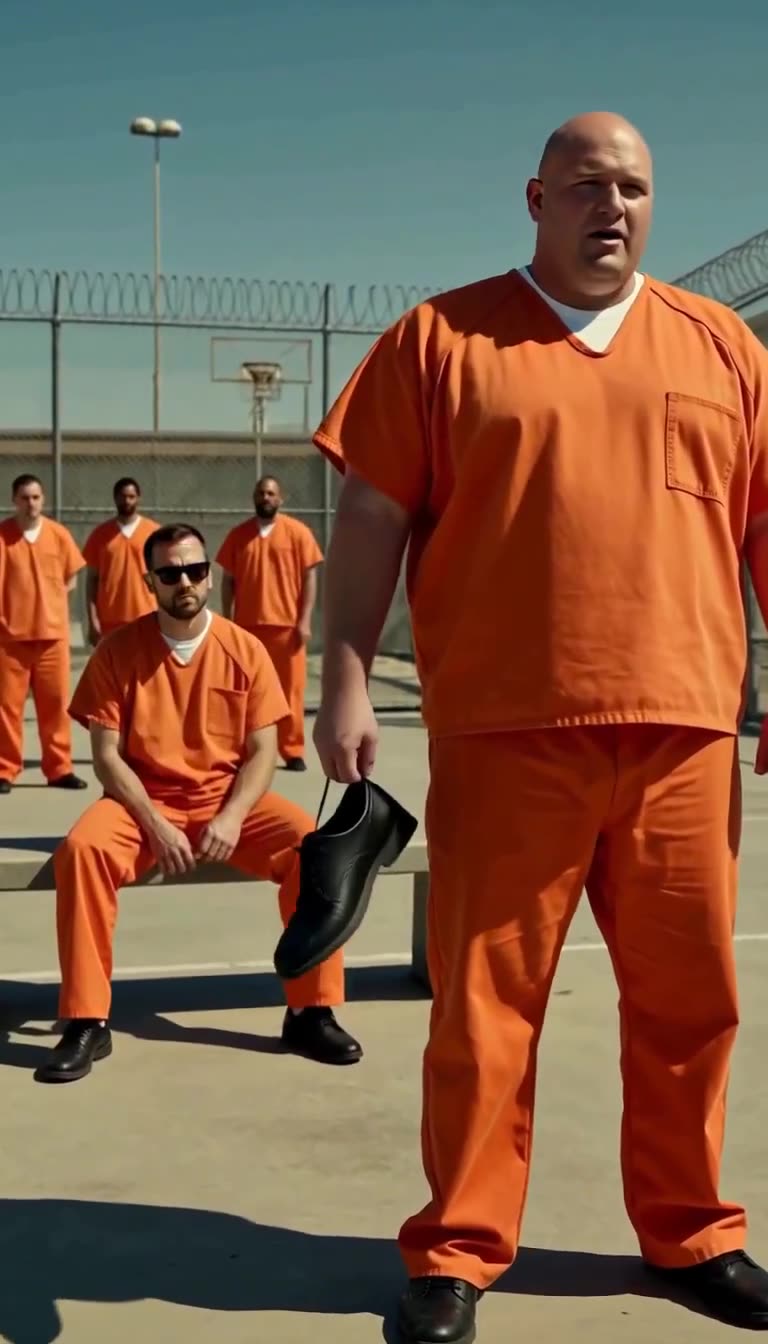 Bully holding stolen shoe while quiet inmate watches with sunglasses