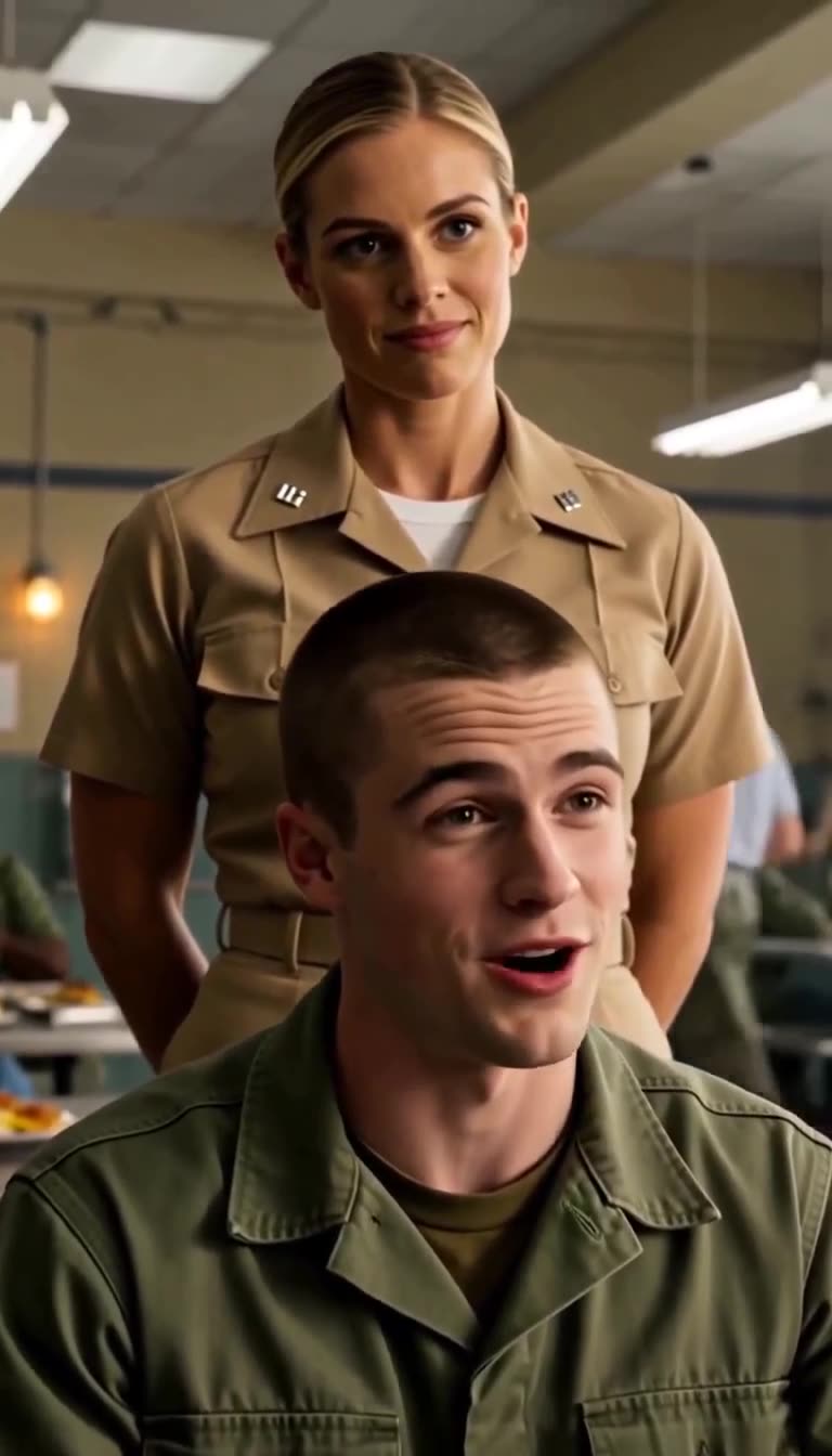 Blonde officer smiling behind shocked young recruit in dining facility