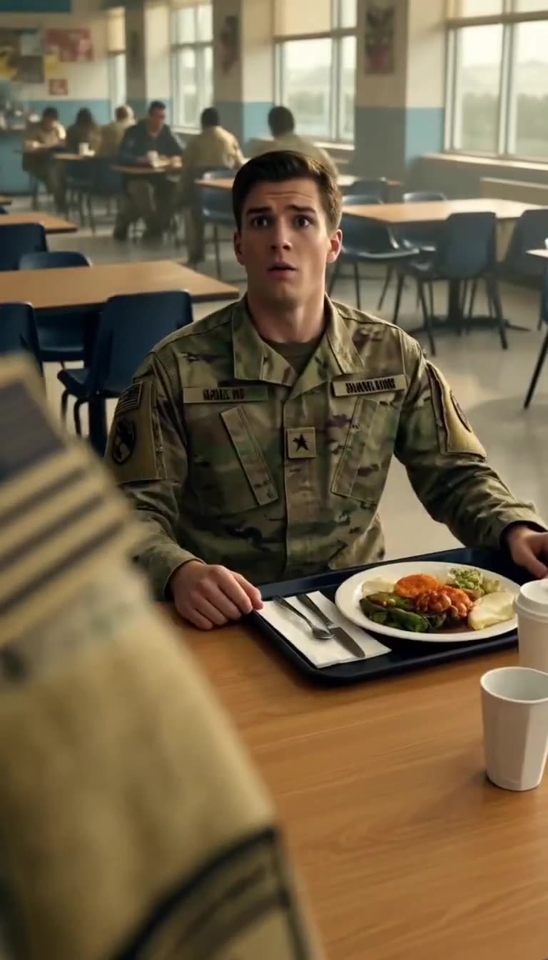 Stunned soldier in camouflage staring up from his lunch table