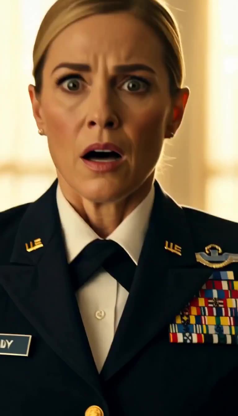 Shocked Colonel Lorilek in dress uniform with medals