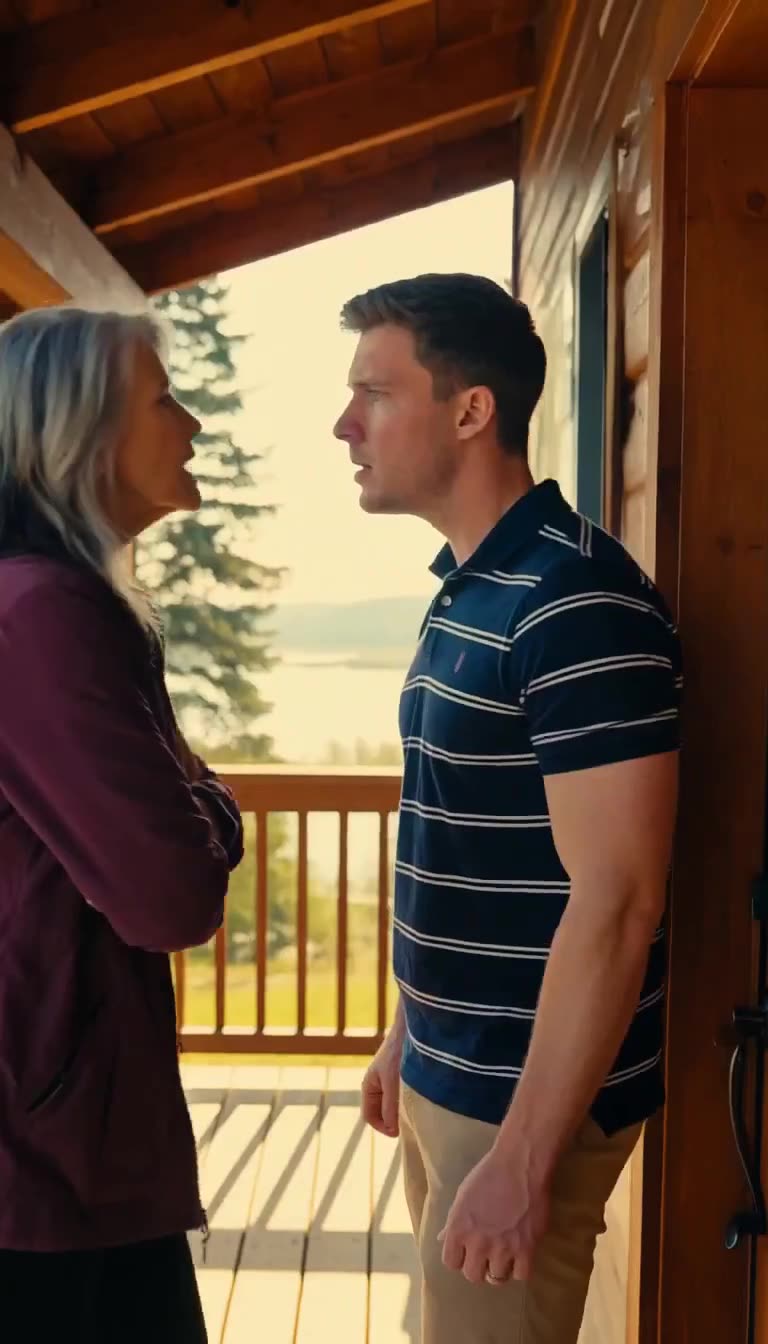 Son confronts his mother against cabin wall overlooking lake