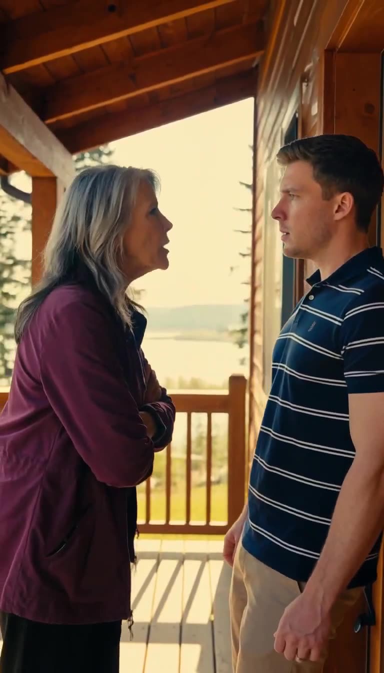 Mother stands firm with crossed arms as son listens