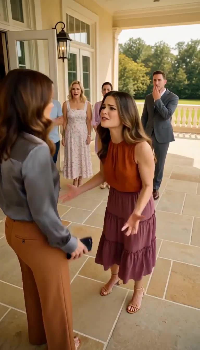 Tessa pleading with open hands as fiance reacts in shock