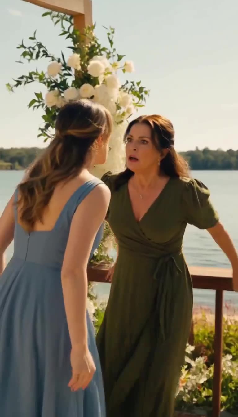 Tense showdown under floral arch as mother gestures sharply
