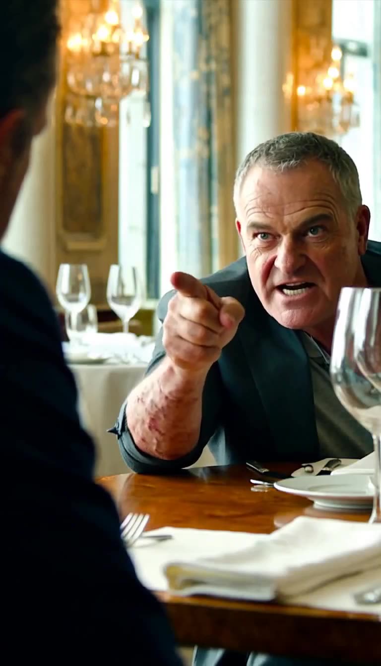 Scarred veteran Mike angrily pointing across dinner table