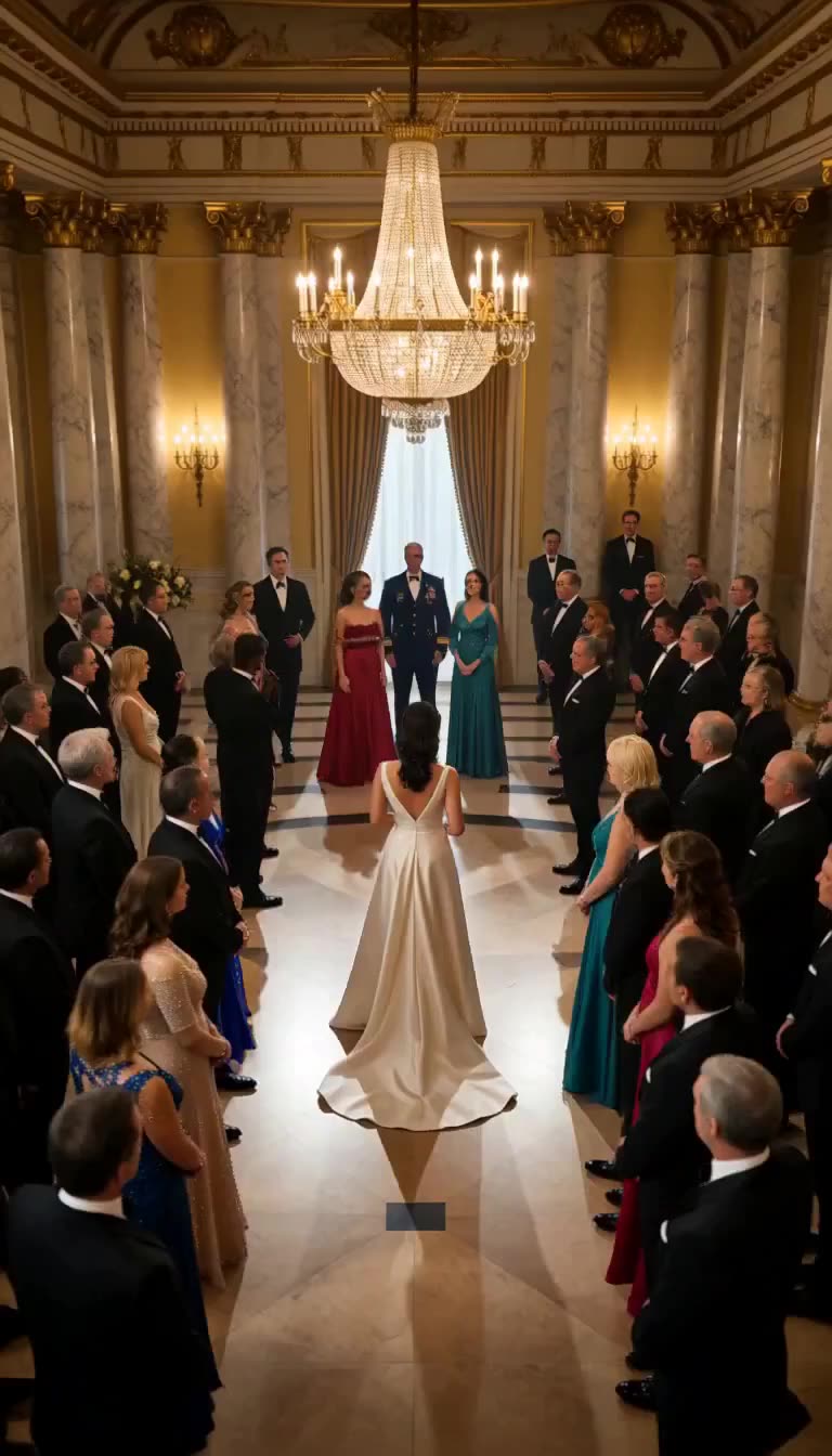 Elite gala crowd parting under grand chandelier