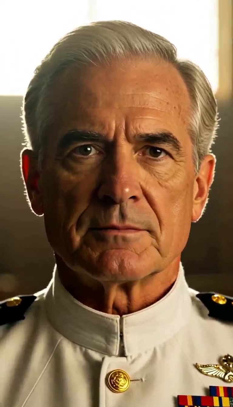 Close-up of stern silver-haired Admiral William Carter in uniform