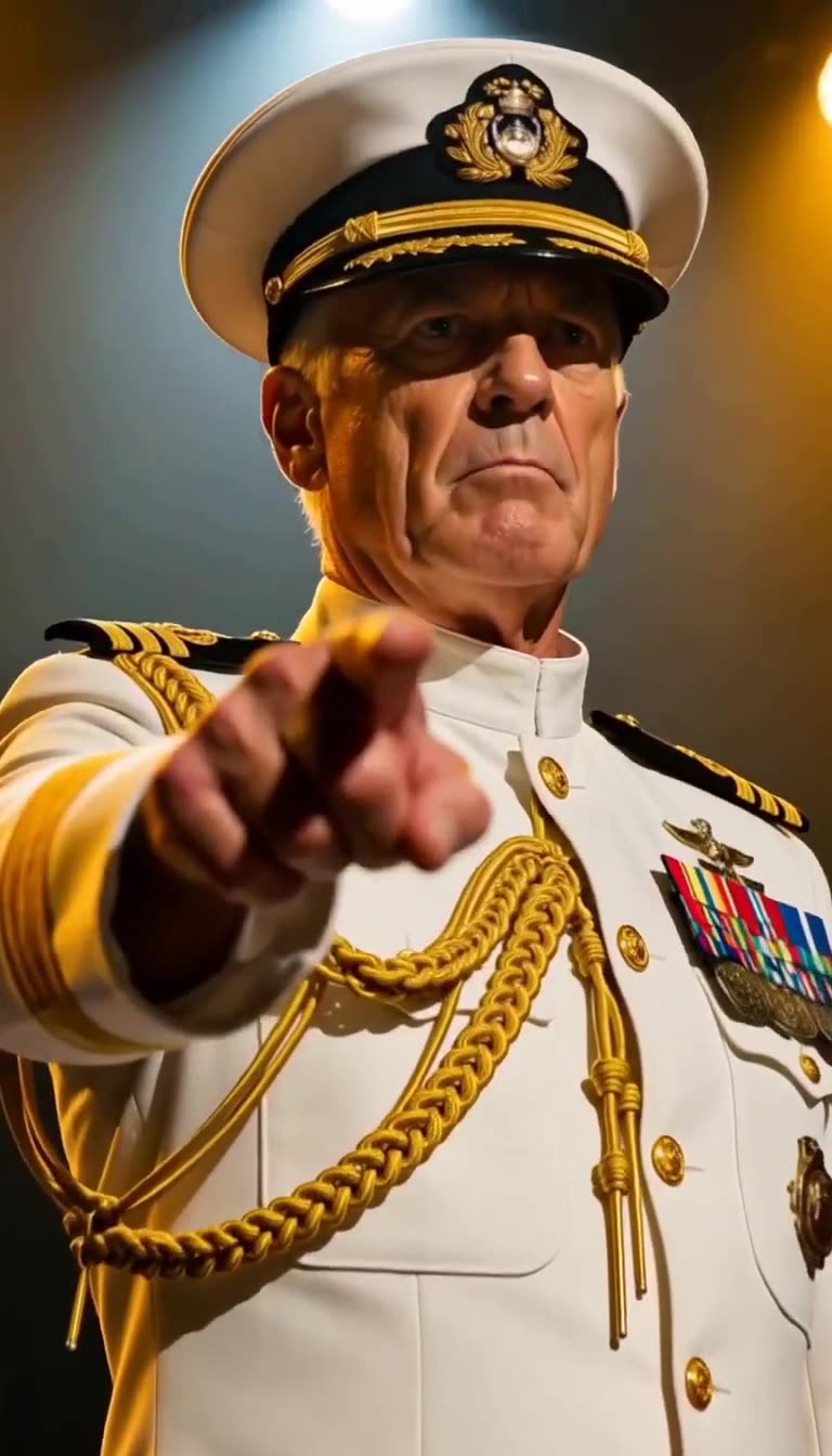 Admiral in full dress uniform pointing directly from stage