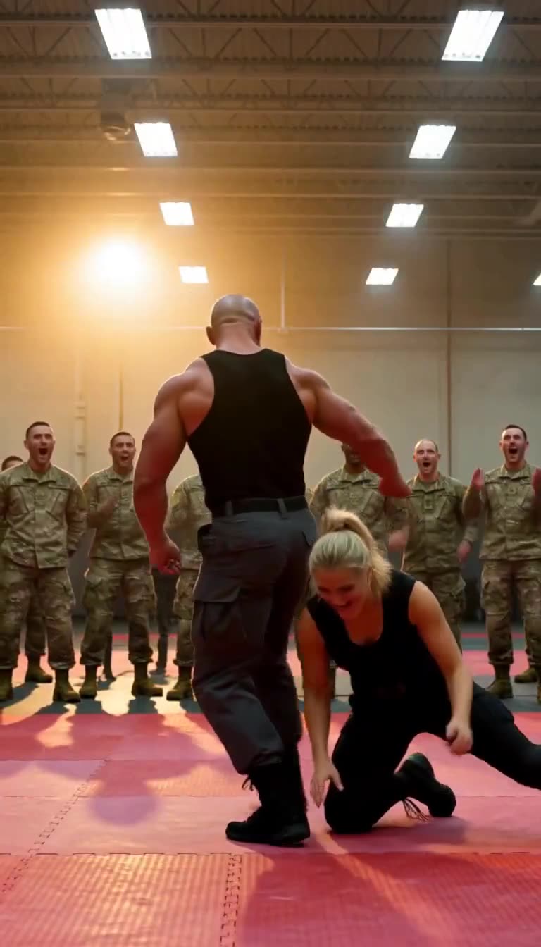 Woman kneels grinning after near-miss as soldiers cheer loudly