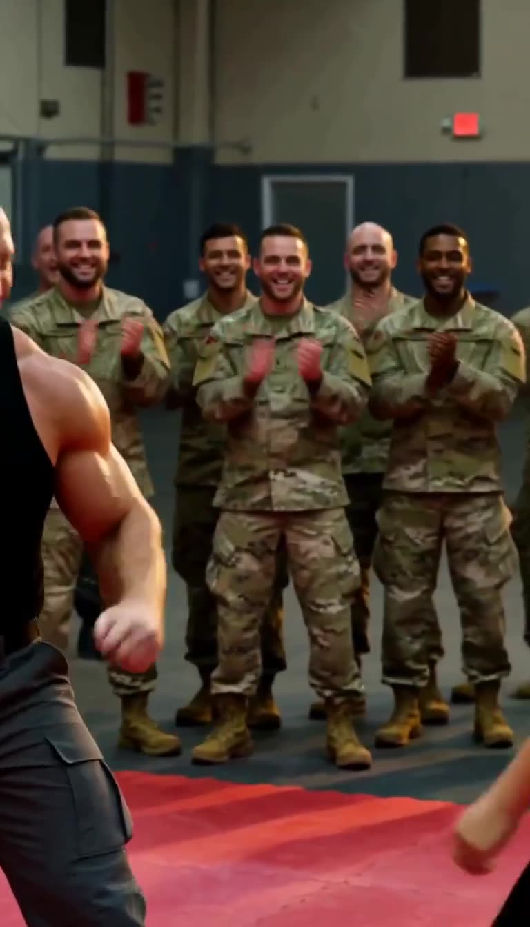 Uniformed soldiers applaud and laugh at the stunning dodge