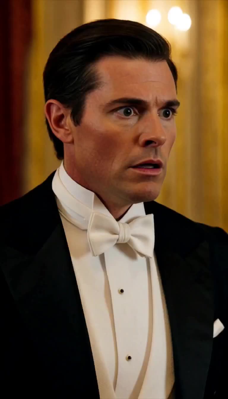 Shocked man in tuxedo witnessing the ballroom confrontation