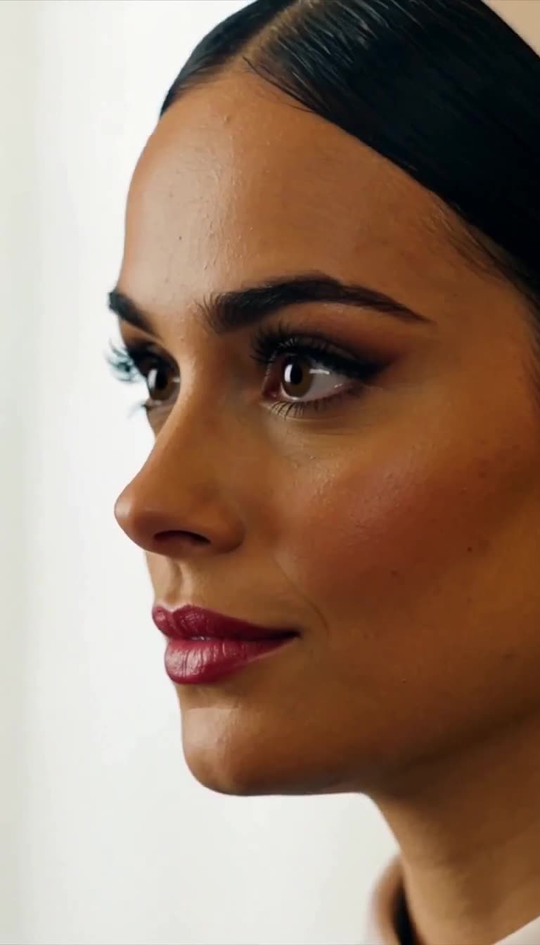 Close-up of young woman's calm confident gaze after the reveal